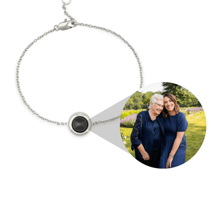 Personalized photo bracelet with a cable chain.
