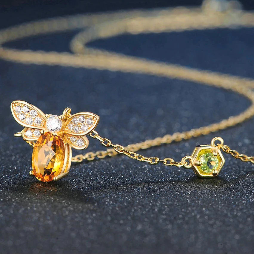Bee Pendant Necklace with Natural Citrine – 925 Sterling Silver & 14K Gold Plated Chain Jewelry