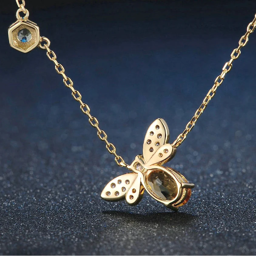 Bee Pendant Necklace with Natural Citrine – 925 Sterling Silver & 14K Gold Plated Chain Jewelry