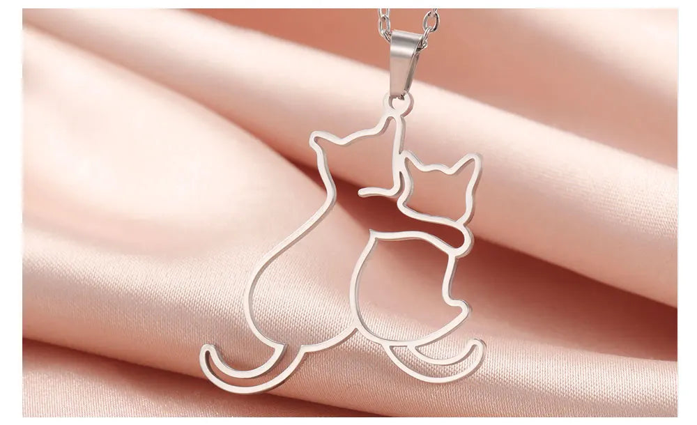 Cute Hugging Cats Kitten Pendant Necklace – Stainless Steel Animal Pet Jewelry for Women