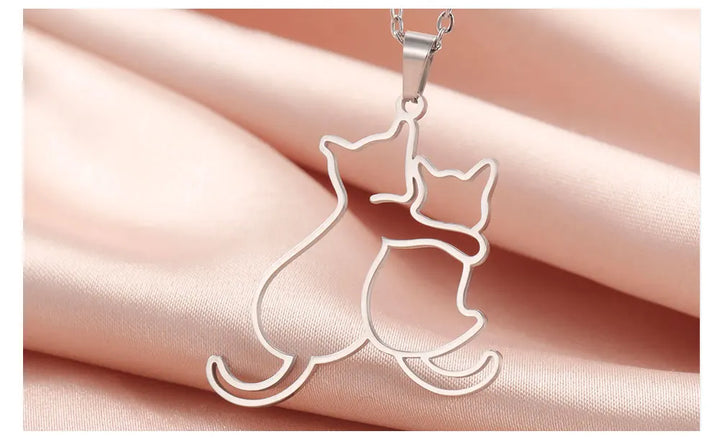 Cute Hugging Cats Kitten Pendant Necklace – Stainless Steel Animal Pet Jewelry for Women