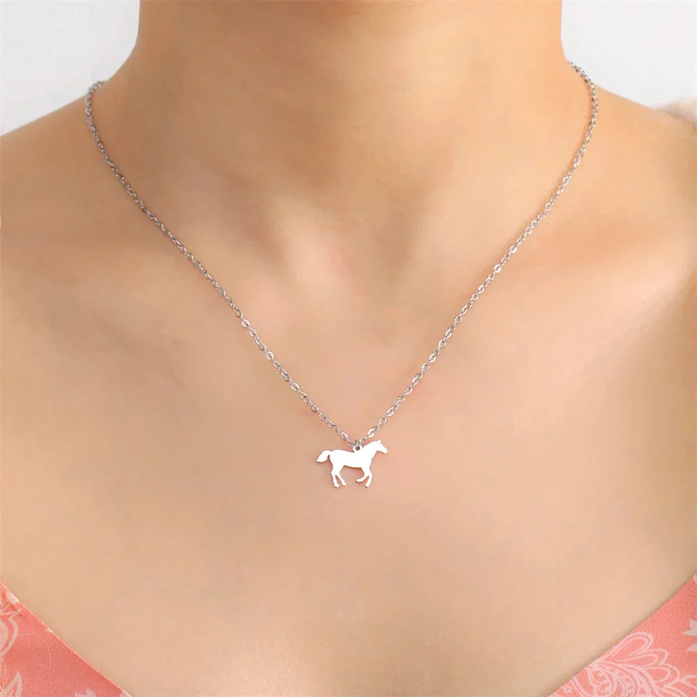Horse & Horseshoe Pendant Necklace – Stainless Steel Animal Jewelry for Women & Girls