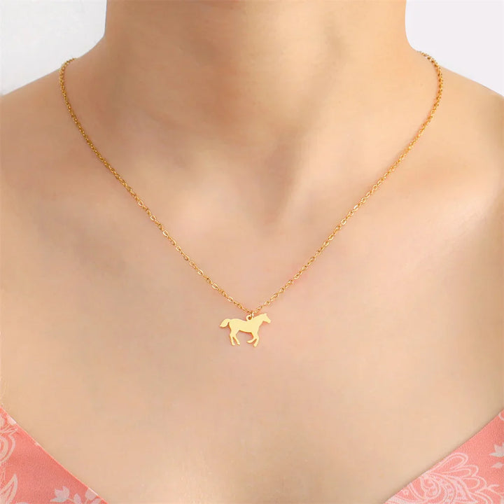 Horse & Horseshoe Pendant Necklace – Stainless Steel Animal Jewelry for Women & Girls