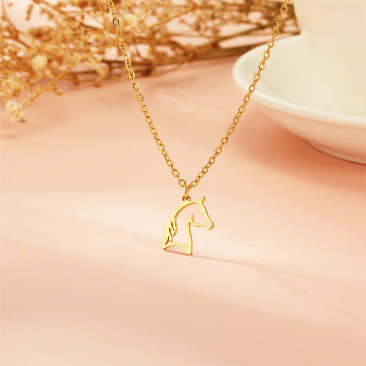 Horse & Horseshoe Pendant Necklace – Stainless Steel Animal Jewelry for Women & Girls