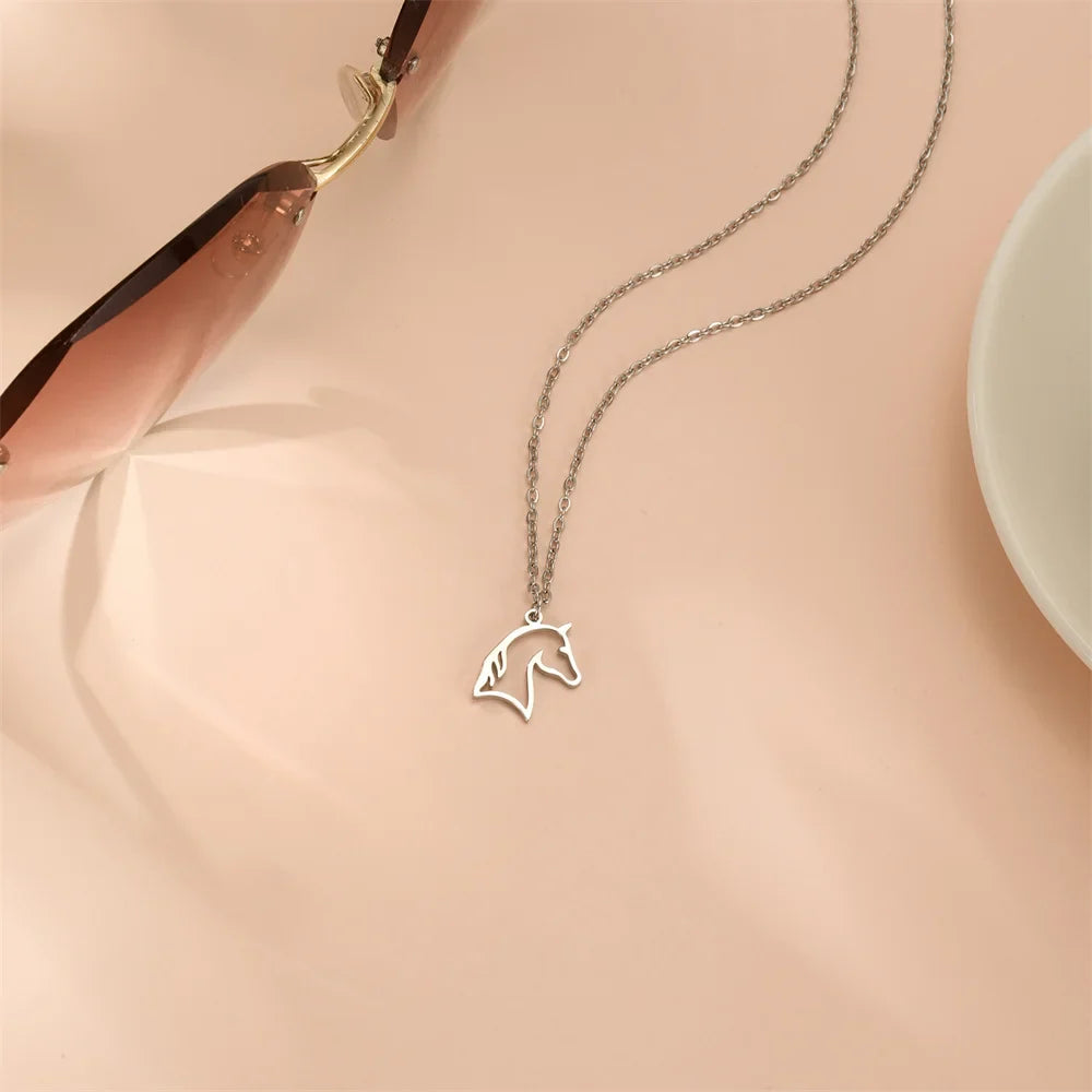 Horse & Horseshoe Pendant Necklace – Stainless Steel Animal Jewelry for Women & Girls