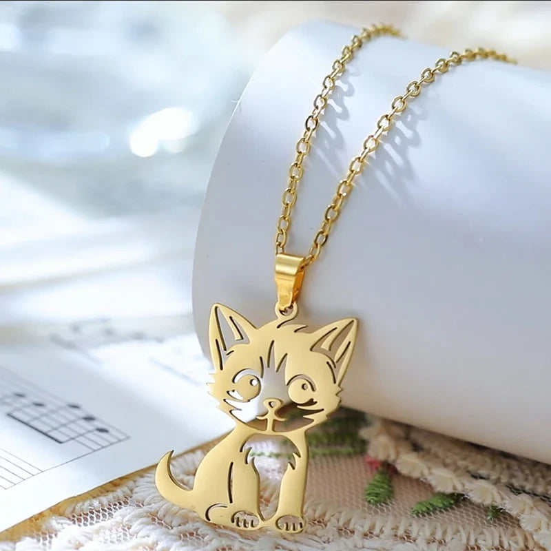 Cute Cat Kitten Pendant Necklace – Stainless Steel Animal Jewelry