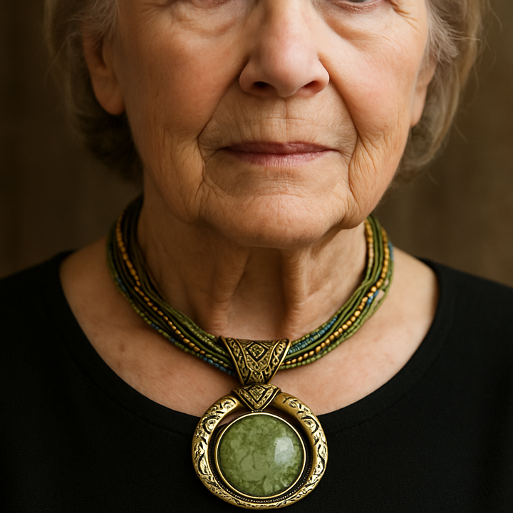 Vintage necklace with ethnic green crystal pendant